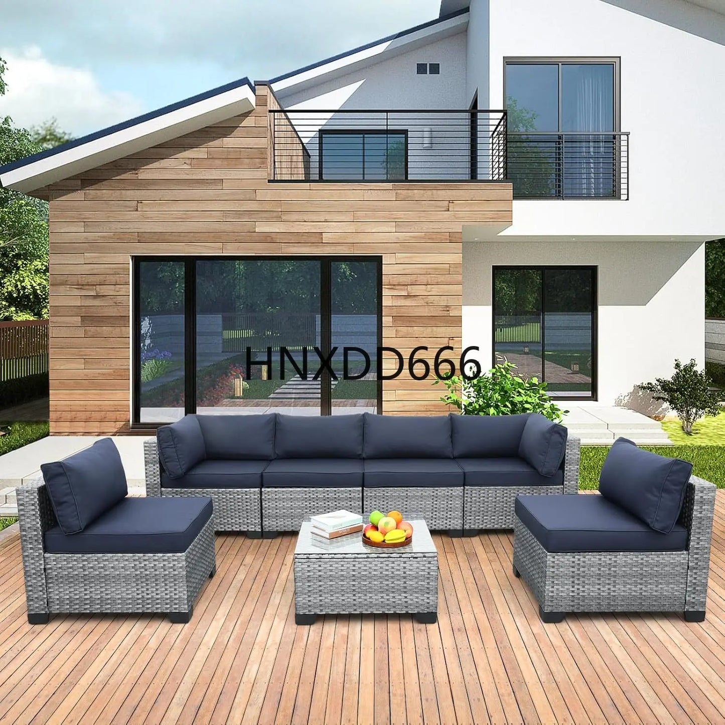 7 Piece Outdoor PE Wicker Furniture Set, Patio Gray Rattan Sectional Sofa Couch with Washable Dark Blue Cushions