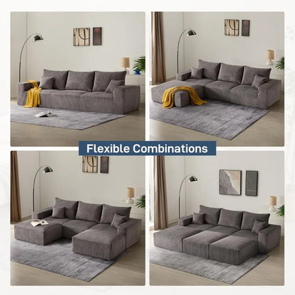 modern 3-seater gray sleeper sofa for living room, 113" modular corduroy couch, no assembly needed