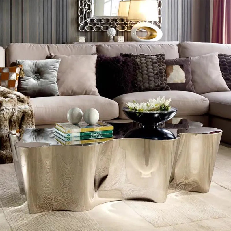 Light luxury stainless steel special-shaped coffee table high-end mirror business negotiation coffee table art