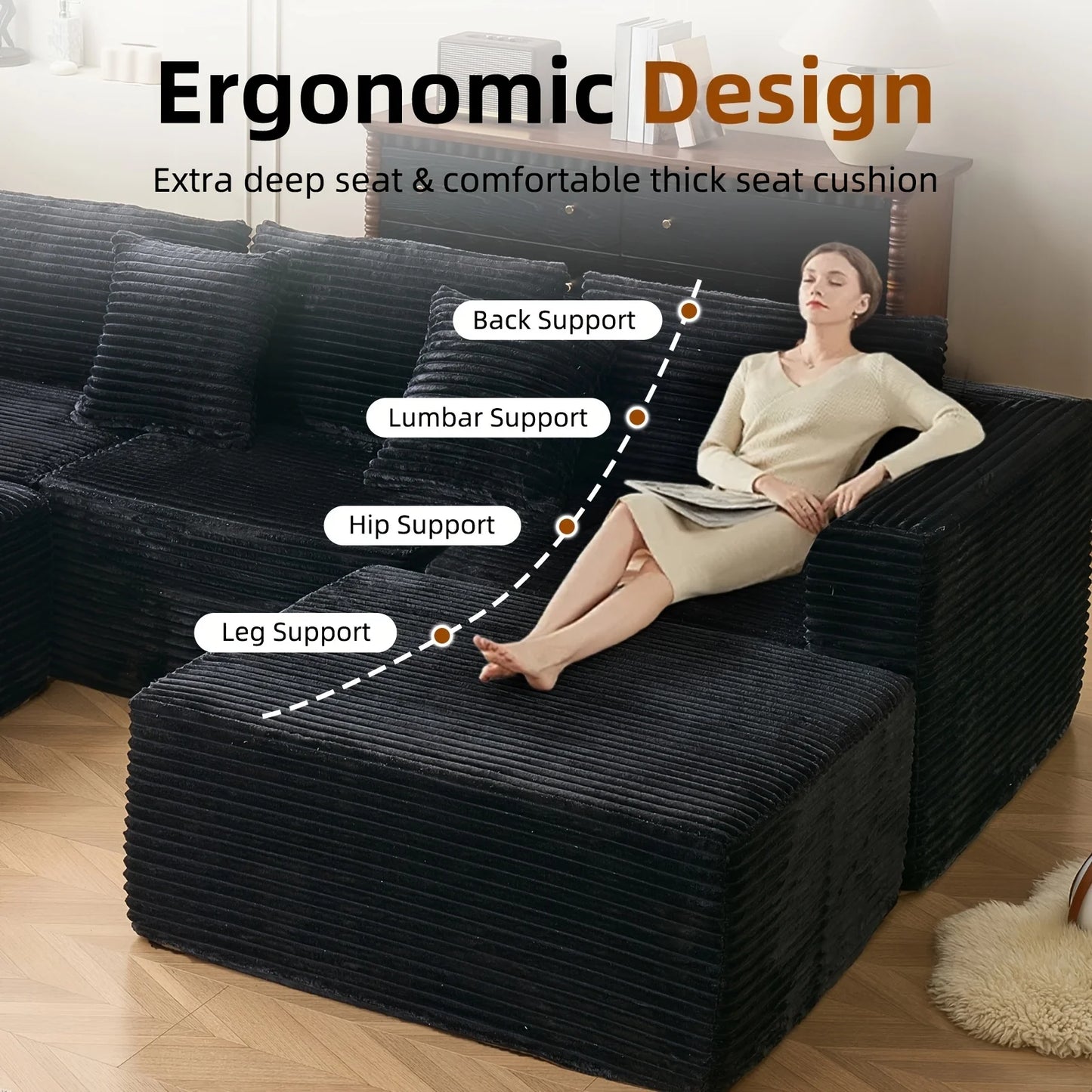 110.24-inch modular combination sofa U-shaped sofa with lounge chair striped fabric four-seater soft cushion sofa for living