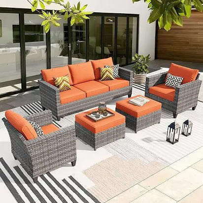 Patio Furniture Set, 5 Pieces Outdoor Wicker Sofa Couch with Chairs, Ottomans and Comfy Cushions, All Weather High Back Rattan