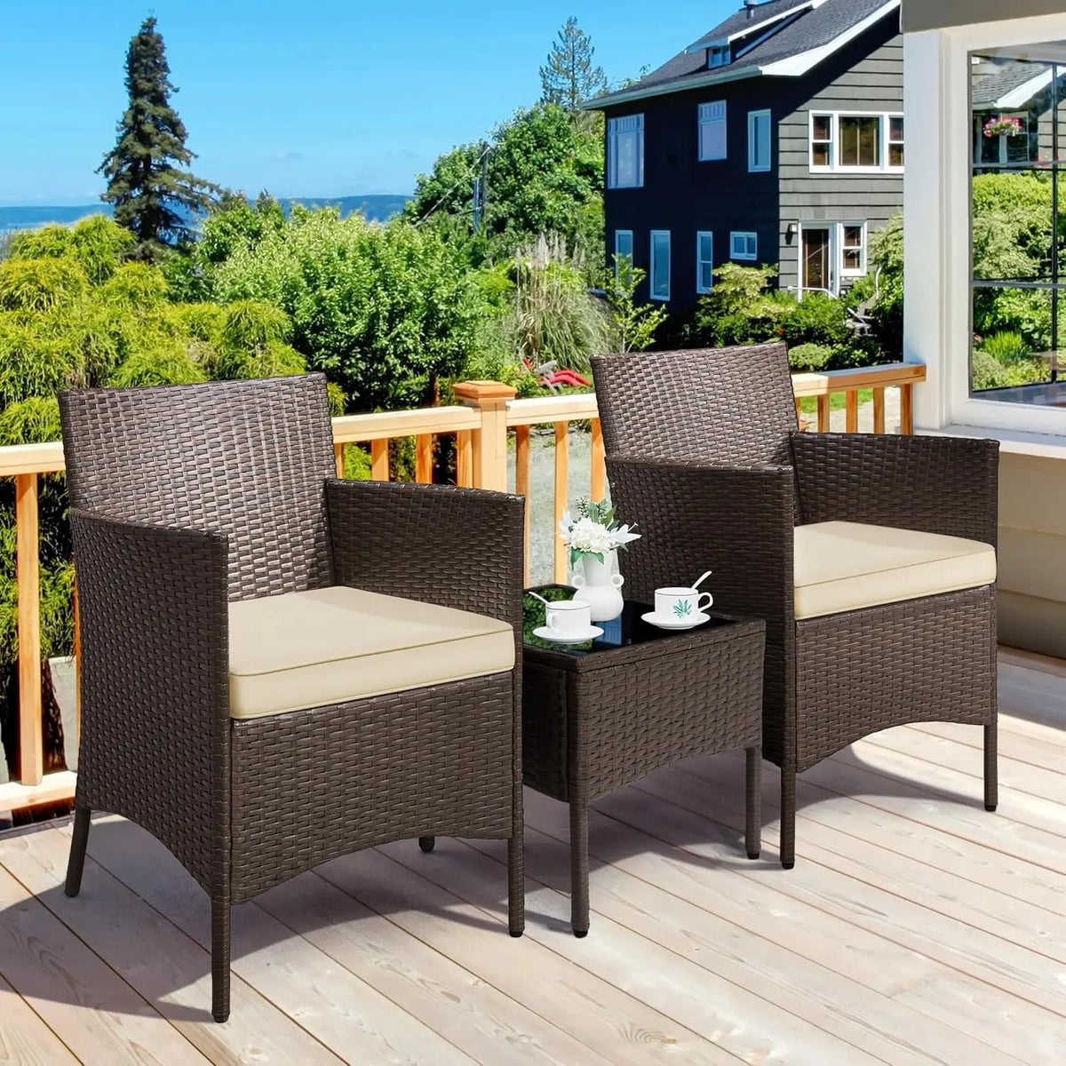 3 Pieces Patio Porch Furniture Set Outdoor PE Rattan Wicker Conversation Set with Soft Cushions Glass Coffee Table 2 Chairs for