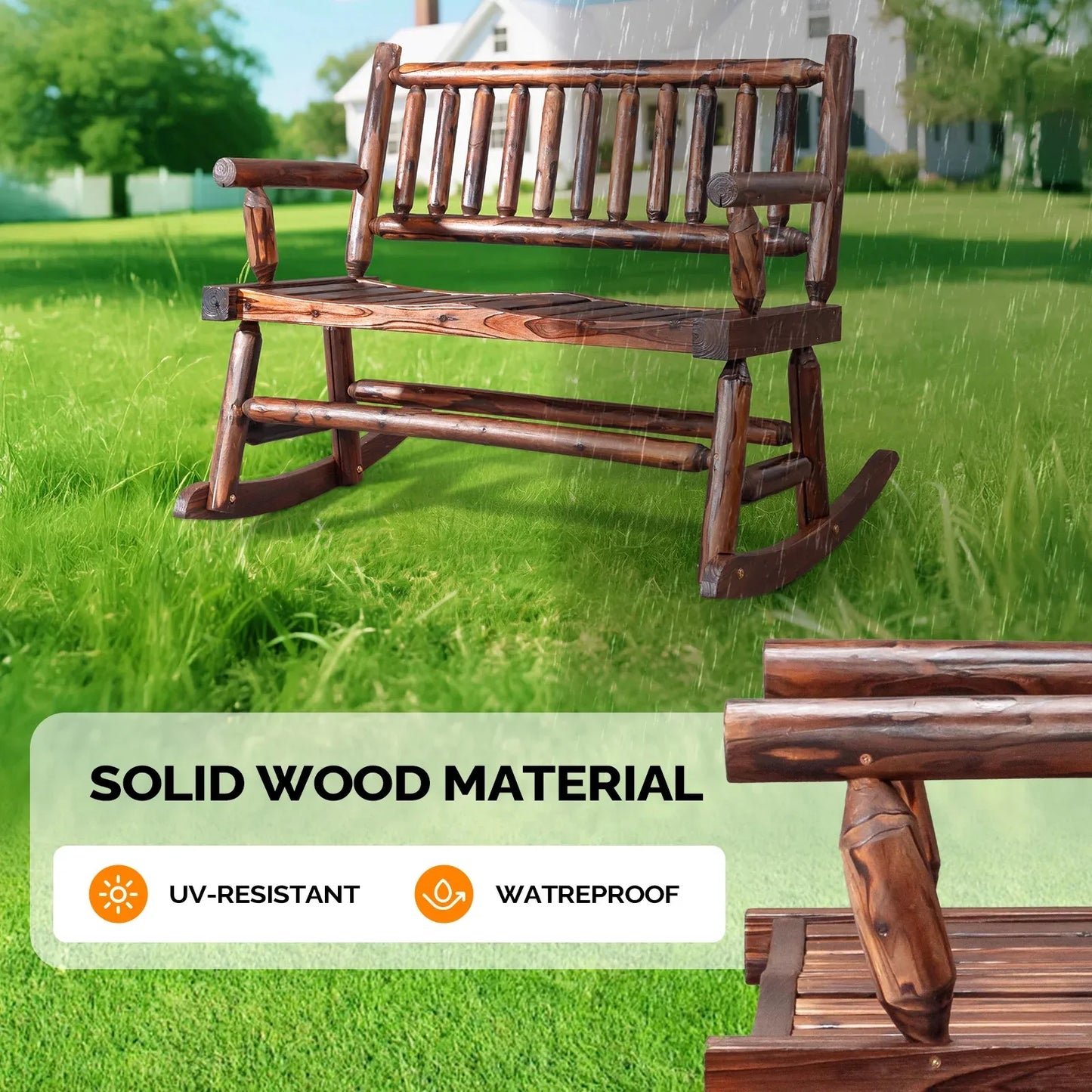 33.5in Wooden Rocking Chair Country Style Log Built 2 Person for In/Outdoor