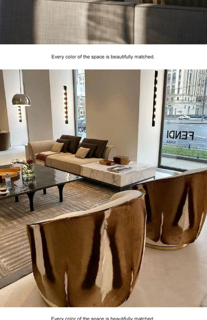 Italian minimalist light luxury leather sofa chair living room home high-end horse fur backrest leisure chair stainless steel