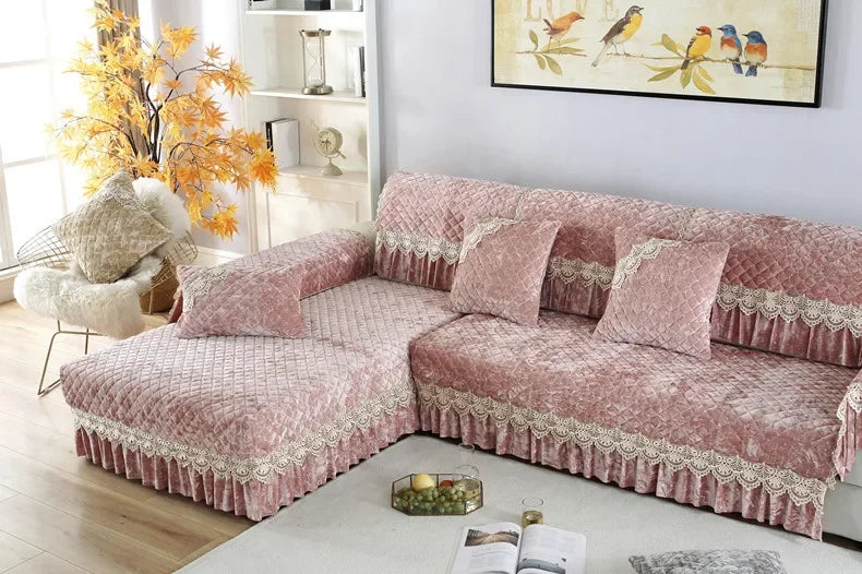 Embroidery Lace Sofa Cushion Gold Velvet Hemline Sofa Cover Autumn Winter European Couch Cover Solid Color Checkered Sofa Mat