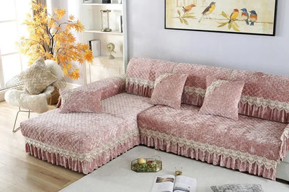 Embroidery Lace Sofa Cushion Gold Velvet Hemline Sofa Cover Autumn Winter European Couch Cover Solid Color Checkered Sofa Mat