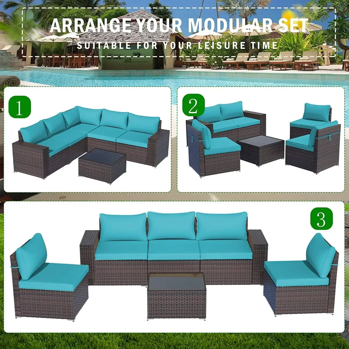 A Sectional Sofa Outdoor Furniture All Weather Brown PE Rattan Patio Conversation w/5 Seat Cushions