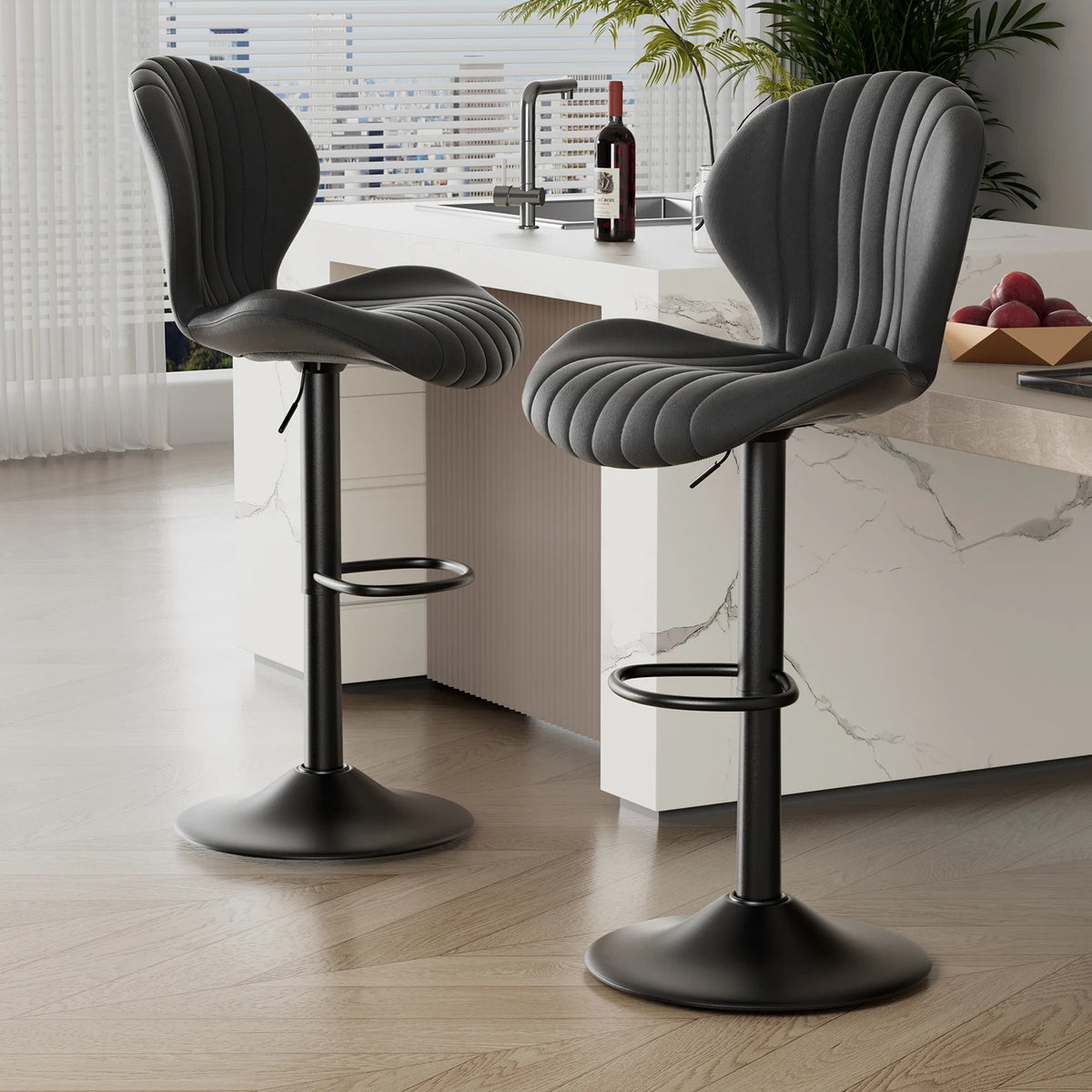 Chaise de bar 2 pièces, 360 °   Rotation, hauteur réglable, cuir artificiel rembourré avec dossier, adapté à la salle à manger