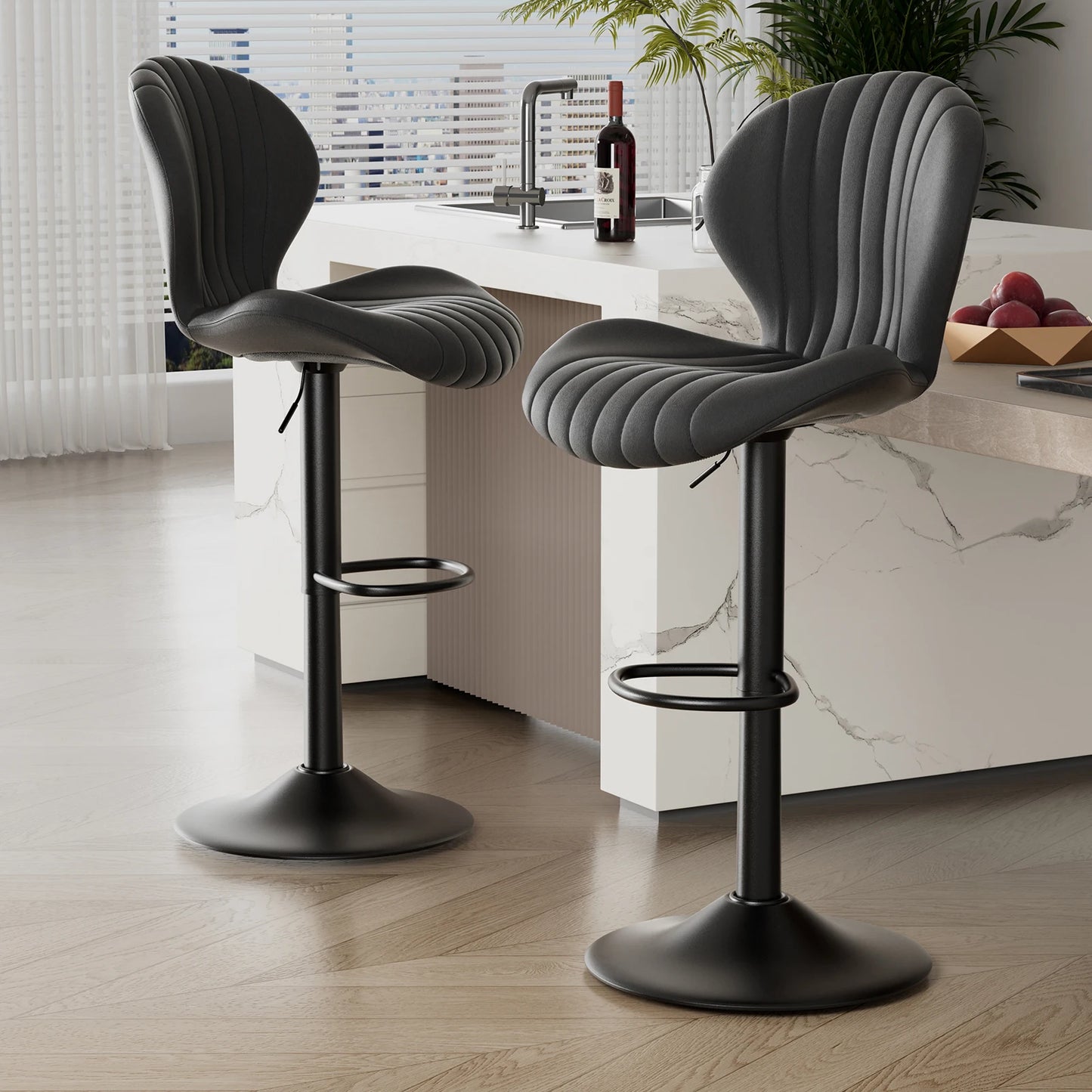Chaise de bar 2 pièces, 360 °   Rotation, hauteur réglable, cuir artificiel rembourré avec dossier, adapté à la salle à manger