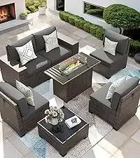 QAZ8-7 Piece Patio Furniture Set Fire Pit Table. Outdoor Conversation Sets Wicker Rattan Sectional Sofa with Coffee TSZ