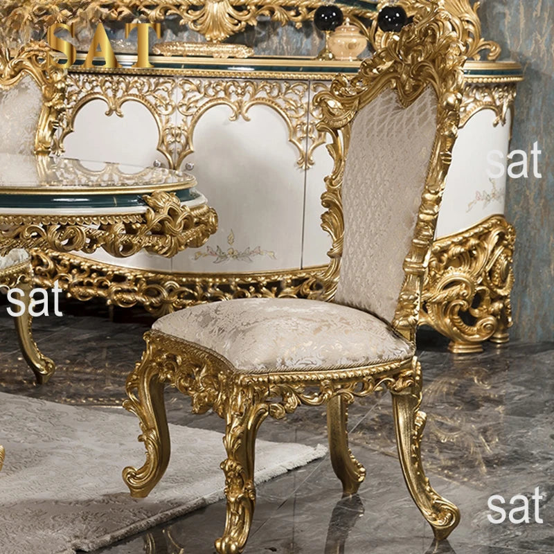 Upscale Royal Luxury Restaurant Furniture Set Custom Classical Wooden Gold Leaf Dining Table