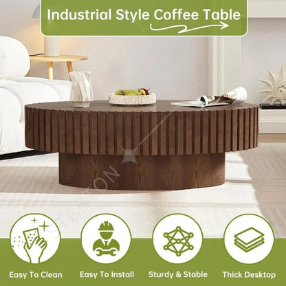 Oval Coffee Table, Brown Drum Fluted, Mid Century Modern, Irregular Pedestal Center, For Living Room Farmhouse