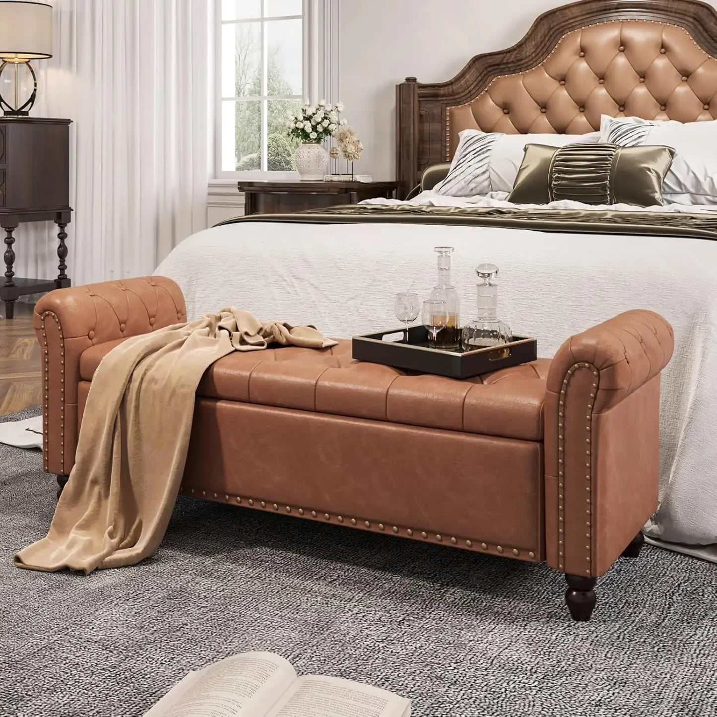 Bedroom Bench, End of Bed Bench with Storage, 55-Inch Bed Benches for Foot of Bed, Faux Leather Window Bench