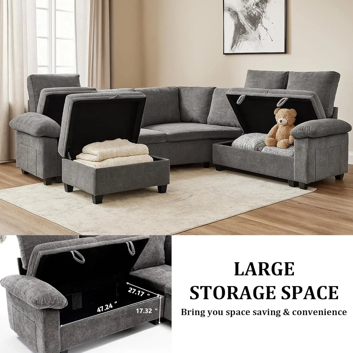 108 Inch Sectional Sleeper L Shaped Sofa with Pull Out Bed, 7 Seat Modular Sectional Sofa with Storage, Modern, Customized