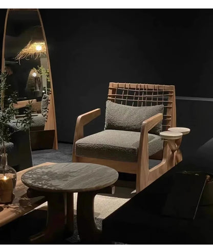 Medieval Style Solid Wood Rope Leisure Chair Retro Single Sofa Chair Wabi-sabi High-end Home Cafe Rattan Single Chair
