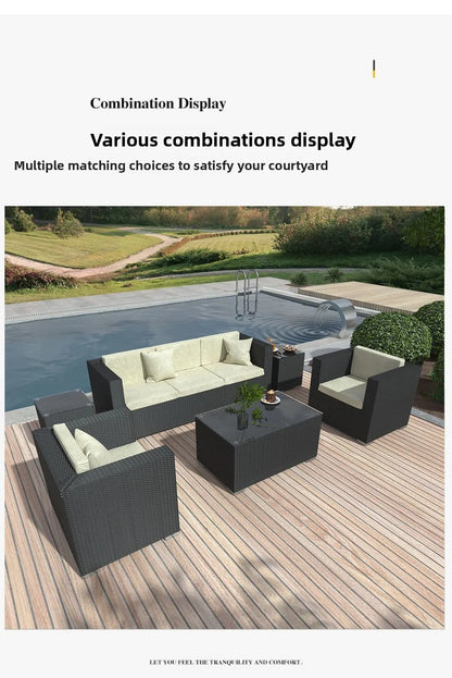 Rattan Garden Furniture Set, Outdoor Corner Sofa Couch, Handwoven Rattan Patio Conversation Set, Cushions and Glass Table