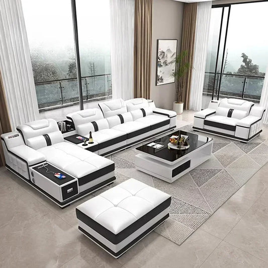 With Bluetooth Speaker And USB Ports Cow Leather Divano Living Room Furniture Luxury Italian Genuine Leather Sectional Sofa Set