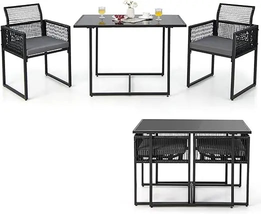 Outdoor Patio Dining Set with Cushions, Folding Backrest, Tempered Glass Table, PE Rattan Furniture