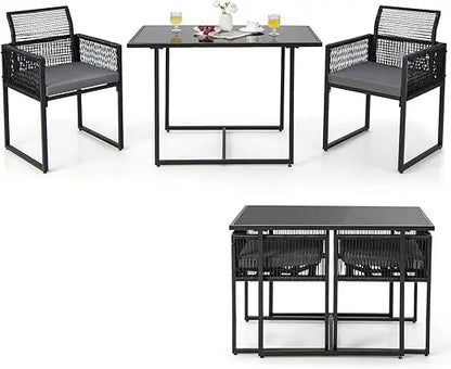 Outdoor Patio Dining Set with Cushions, Folding Backrest, Tempered Glass Table, PE Rattan Furniture