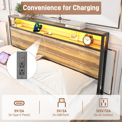 LED Bed Frame Full/QueenKing Size with 2 USB Ports and Outlets, Platform Metal Bed Frame with 4 Storage Drawers and Headboard