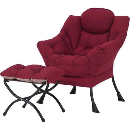 New Burgundy Lazy Chair with Ottoman, Modern Lounge Accent Chair with Armrests and a Side Pocket, Leisure Sofa Armchair - HOME