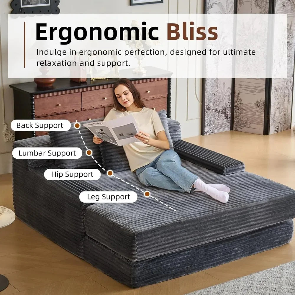 67'' Indoor Chaise Lounge Chair Oversized Upholstered Sofa Bed Modern Deep Seat Comfy Corduroy Sleeper Couch