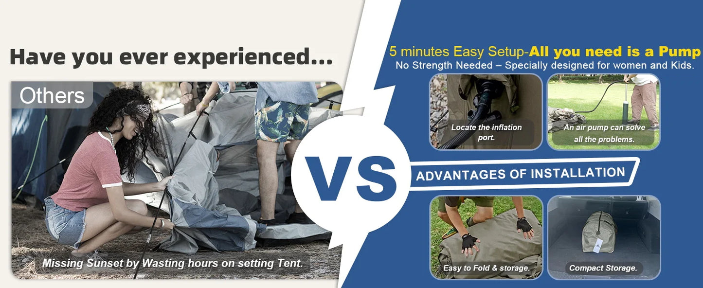 129 Square Feet Green Inflatable Camping Tent with Hand Pump,Waterproof Windproof Outdoor Blow up Tent with Chimney Stack