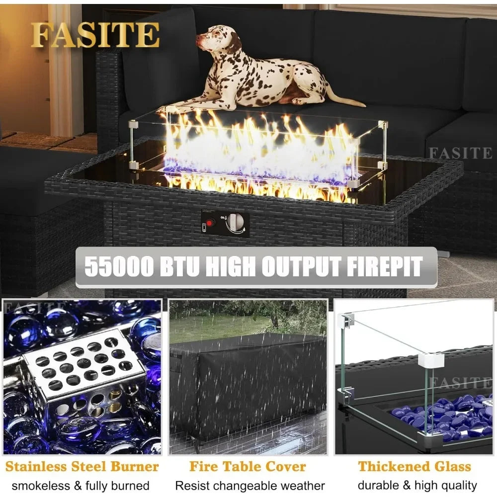 7-Piece Outdoor Patio Furniture with 44-inch Fire Pit Table Rattan Sectional Sofa Conversation Set