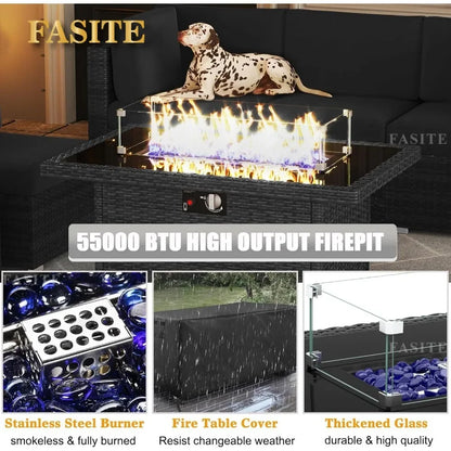 7-Piece Outdoor Patio Furniture with 44-inch Fire Pit Table Rattan Sectional Sofa Conversation Set