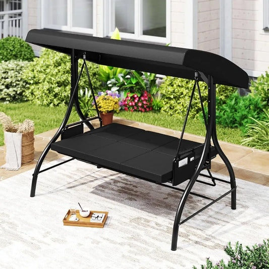 3 Person Porch Swing 2in1 Convertible Outdoor Swing with Adjustable Canopy Removable Cushions Metal Frame Side Pockets for Bac