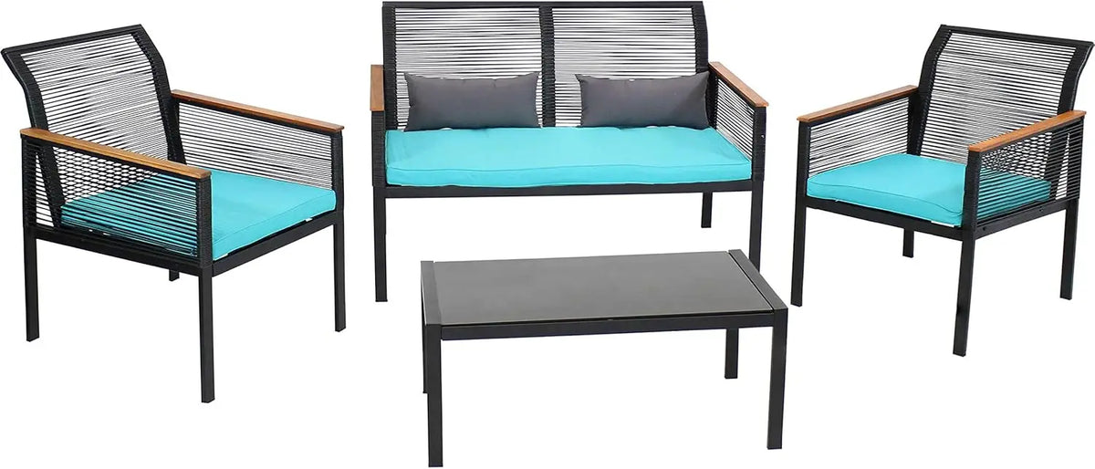 Coachford 4-Piece Patio Conversation Furniture Set - 1 Loveseat, 2 Chairs And 1 Coffee Table - Thick Blue Cushions