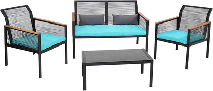 Coachford 4-Piece Patio Conversation Furniture Set - 1 Loveseat, 2 Chairs And 1 Coffee Table - Thick Blue Cushions