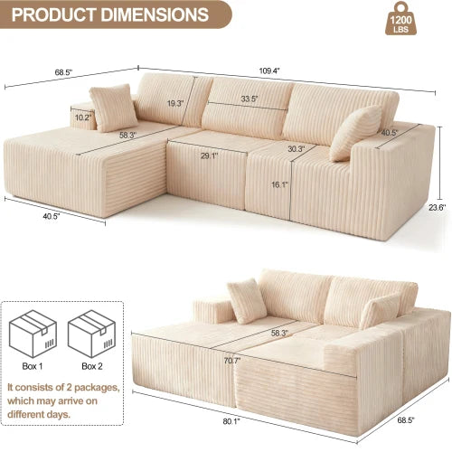 Modern Cloud Sectional Couch (Beige) - Modular L-Shape Design with Chaise, Deep Seat + Included Pillow, Upholstered for Home