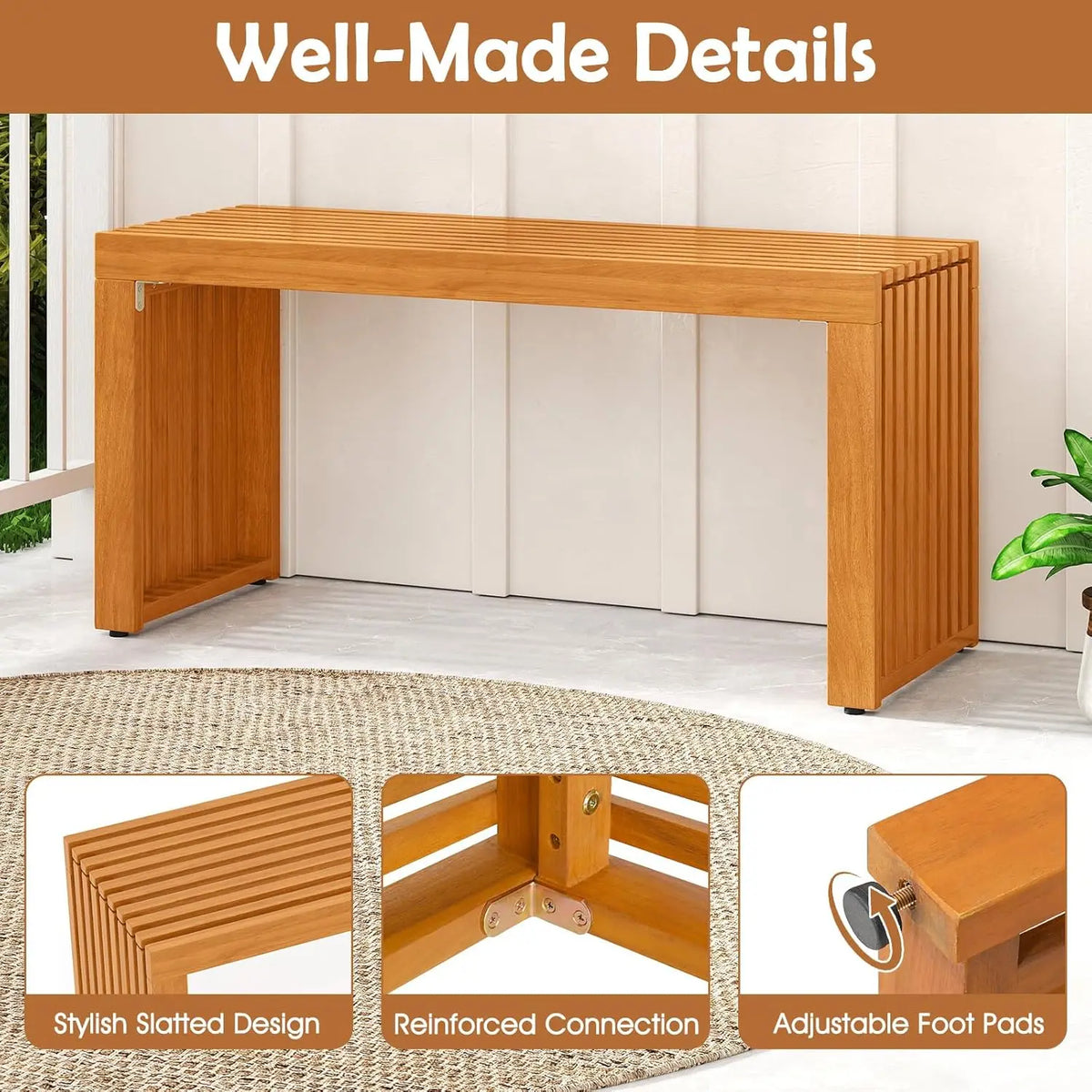 Banc de patio en bois d'acacia, banc d'extérieur en bois à lattes de 36 po pour 2 personnes, capacité de 800 lb, sièges sans dossier pour l'extérieur, personnalisable