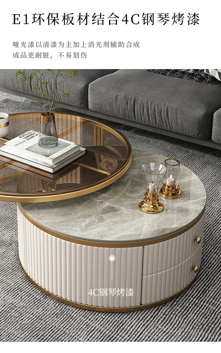 Light Luxury Stone Plate round Tea Table Small Apartment Modern Living Room Glass Coffee Table Living Room Home