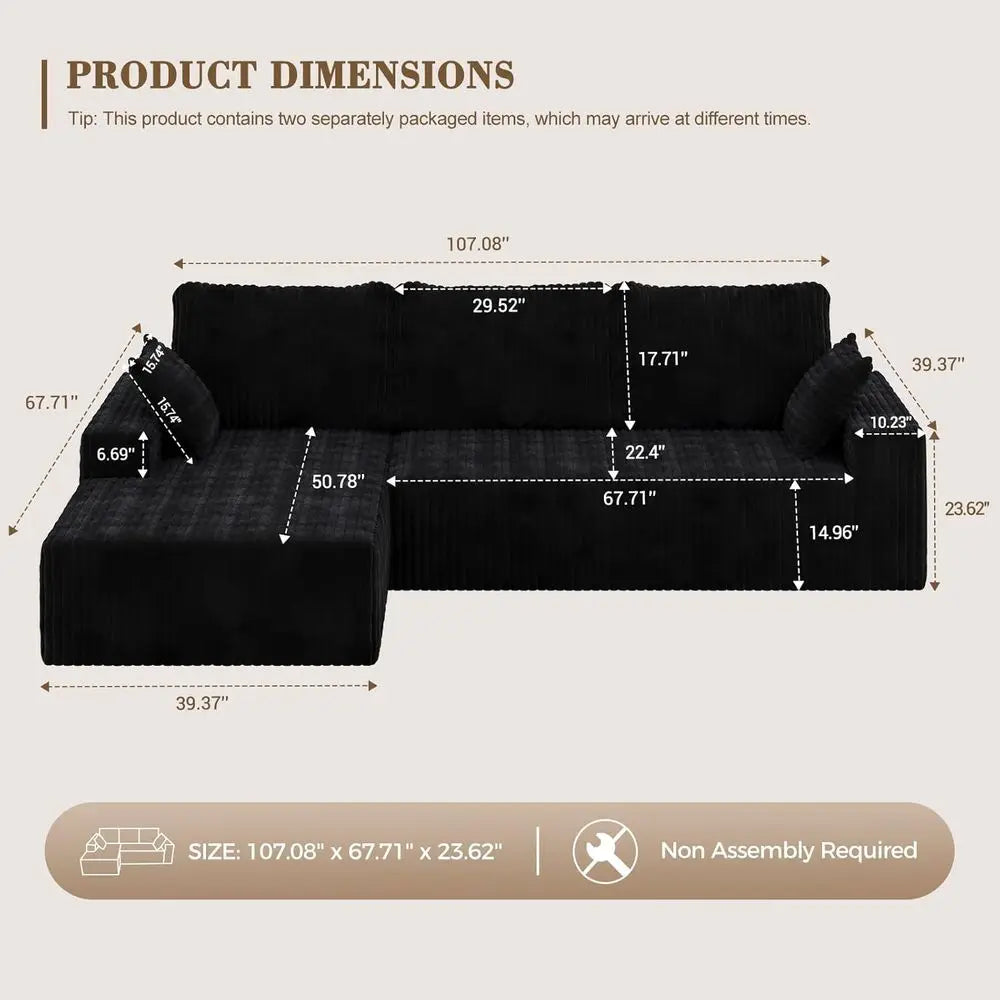 108 Inch L-Shape Sectional Sofa with 3-Seat Cloud Cushion Couch and Oversized Chaise Lounge for Living Room and Office