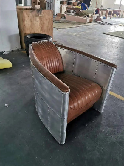 American Vintage Distressed Leather Armchair Hotel Sofa Accent Chair Aluminium Armrest Loft Aviation Chairs Aviation Furniture