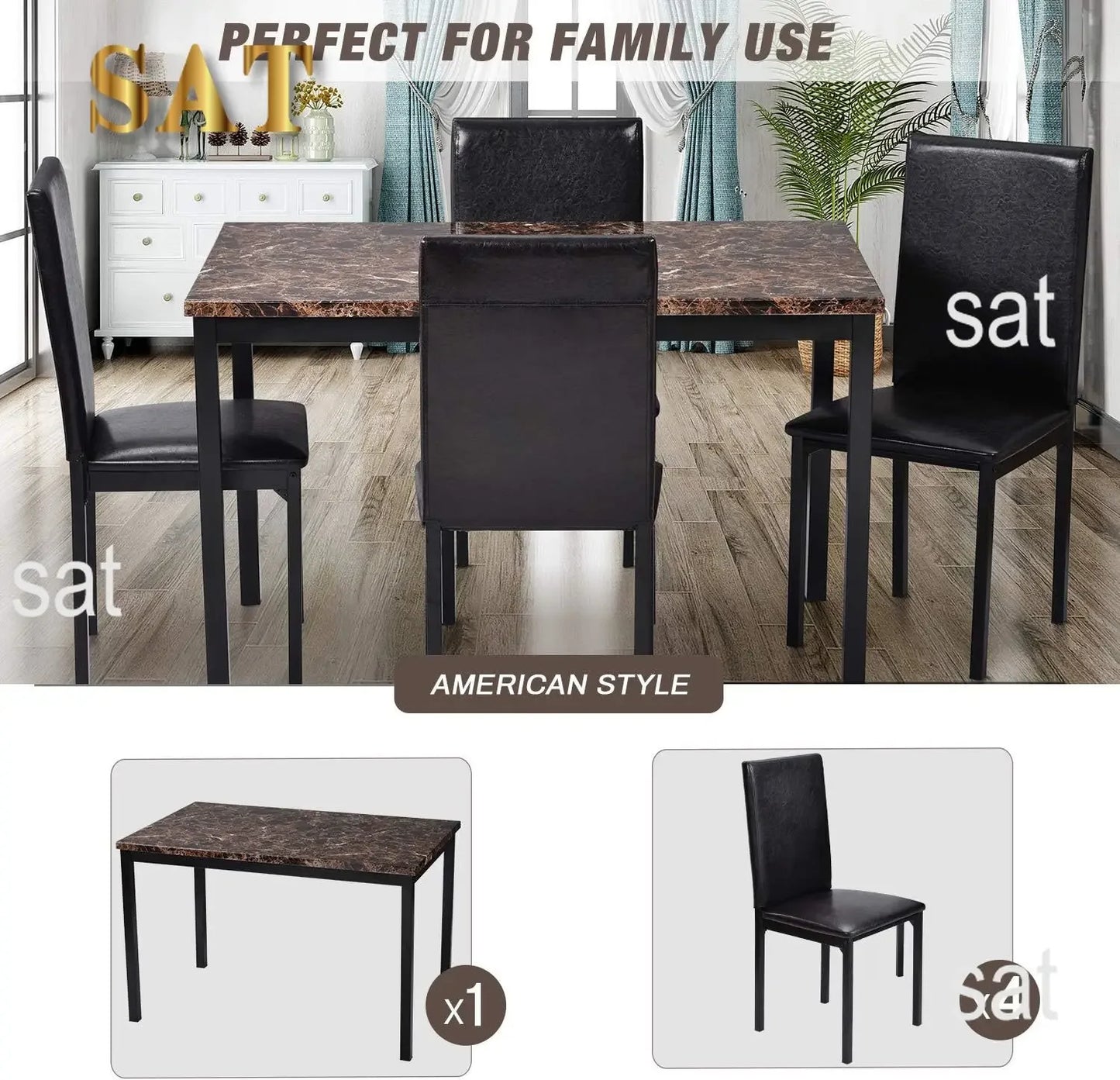 Dining Room Table Set,5-Piece Kitchen Dining Set with Glass Table Top 4 PU  Metal Frame Chairs A