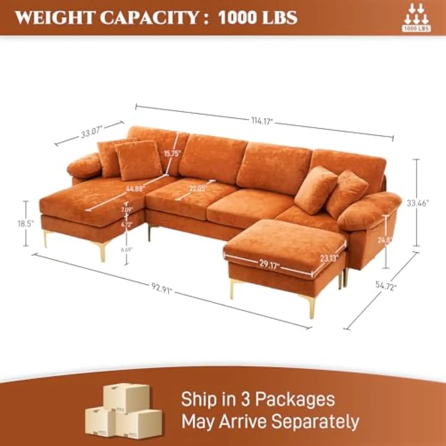 U Shaped Sectional Sofa Couch Set for Living Room Convertible Velvet with Chaise Lounge Ottoman and Pillows