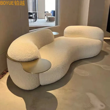 Modern light luxury fashion Italian curved pea pod sofa lamb wool fabric three-person sofa living room furniture