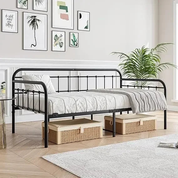 Metal Daybed Frame Twin Size with Steel Slats Platform Furniture Black