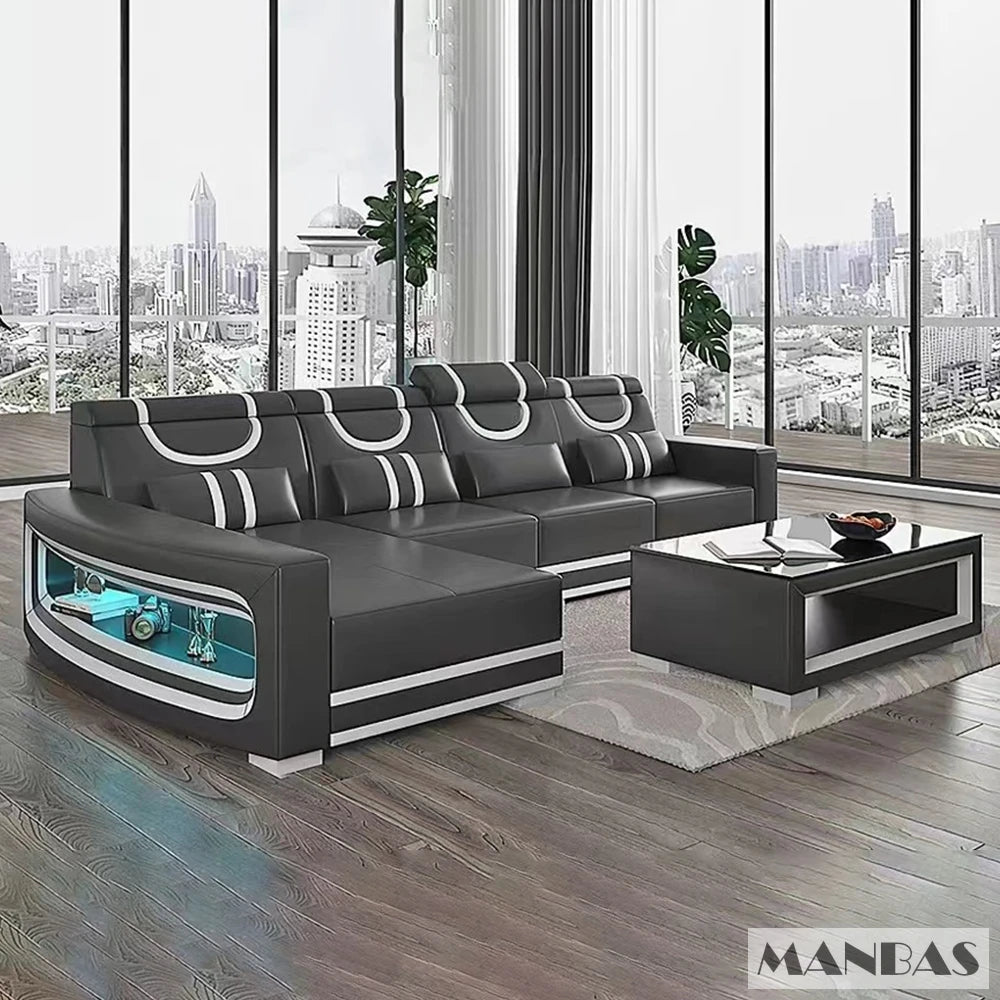Upgrade Your Living Room with MANBAS Italian Genuine Leather Sofa - 2 Colors Combination, LED Light & Soft Cushions