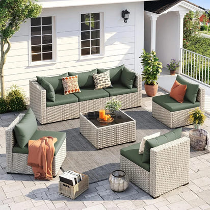 Outdoor Patio Furniture Set, 7-Piece PE Wicker Sectional Sofa with Tea Table, Outdoor Conversation Set for Patio,