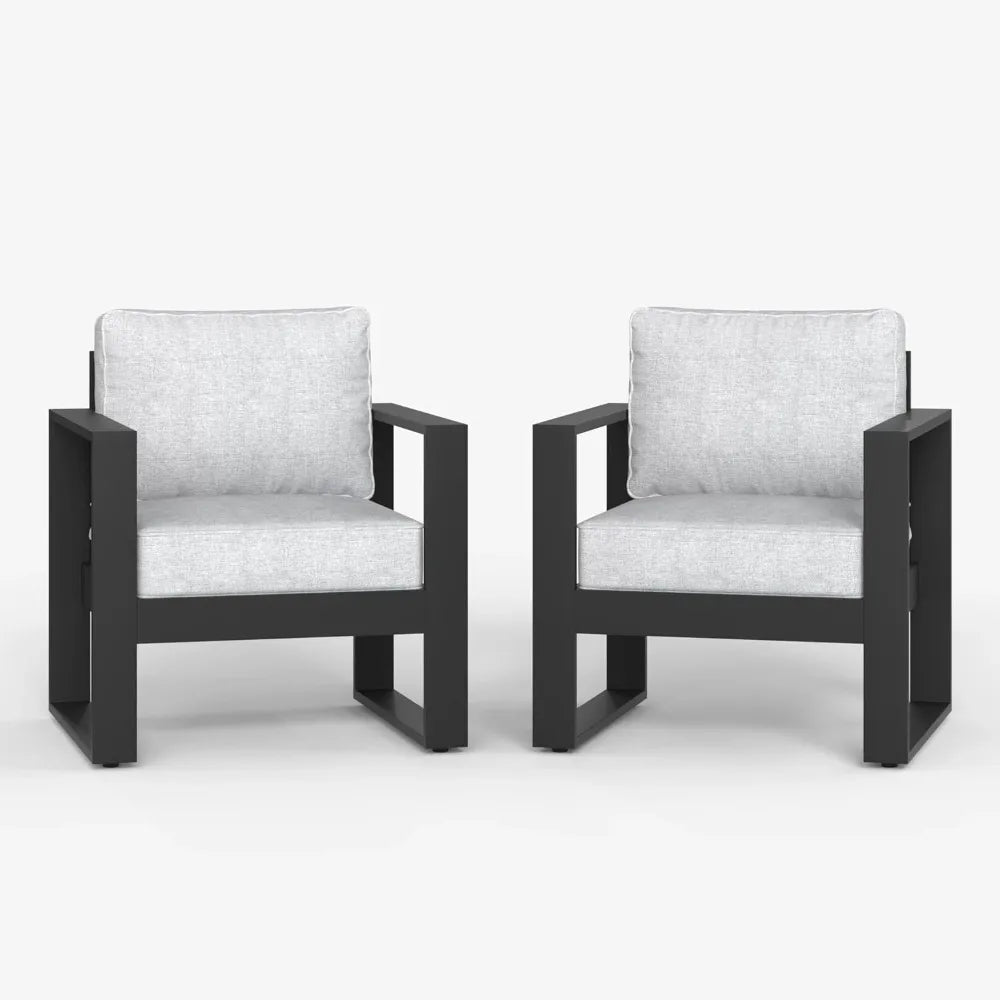 Outdoor Patio Aluminum Chair Modern Metal Armchair Set of 2 with Washable Thick Cushions