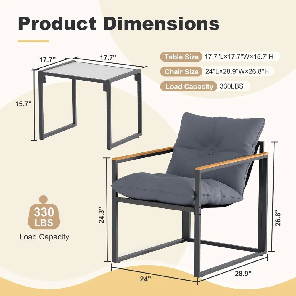 3 Piece Patio Furniture Set, Outdoor Porch Chairs Set of 2, Balcony Furniture for Apartment with Chairs & Table, Included Thick