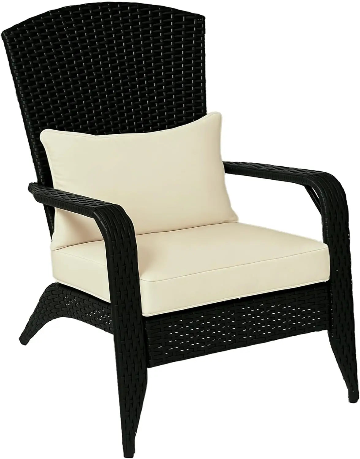 Patio Wicker Adirondack Chair,Outdoor All-Weather Rattan Fire Pit Chair with Soft Cushions, Tall Curved Backrest and Comfortable