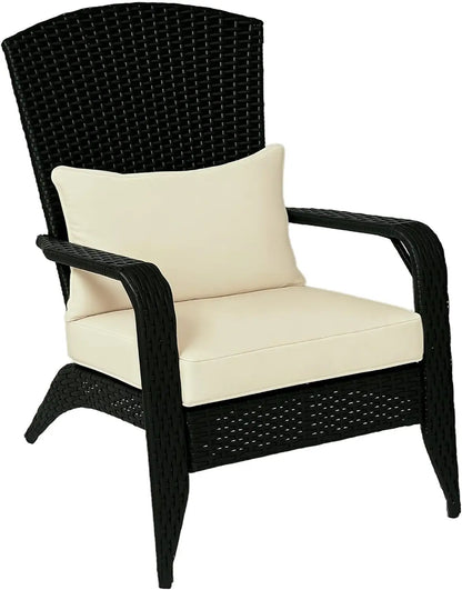 Patio Wicker Adirondack Chair,Outdoor All-Weather Rattan Fire Pit Chair with Soft Cushions, Tall Curved Backrest and Comfortable