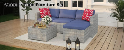 5 Piece Outdoor Patio Furniture Set with Coffee Table, Rattan Deck Conversation Sofa Set, All-Weather Sectional Rattan Sofa with