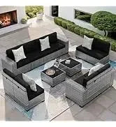 QAZ8-7 Piece Patio Furniture Set Fire Pit Table. Outdoor Conversation Sets Wicker Rattan Sectional Sofa with Coffee TSZ
