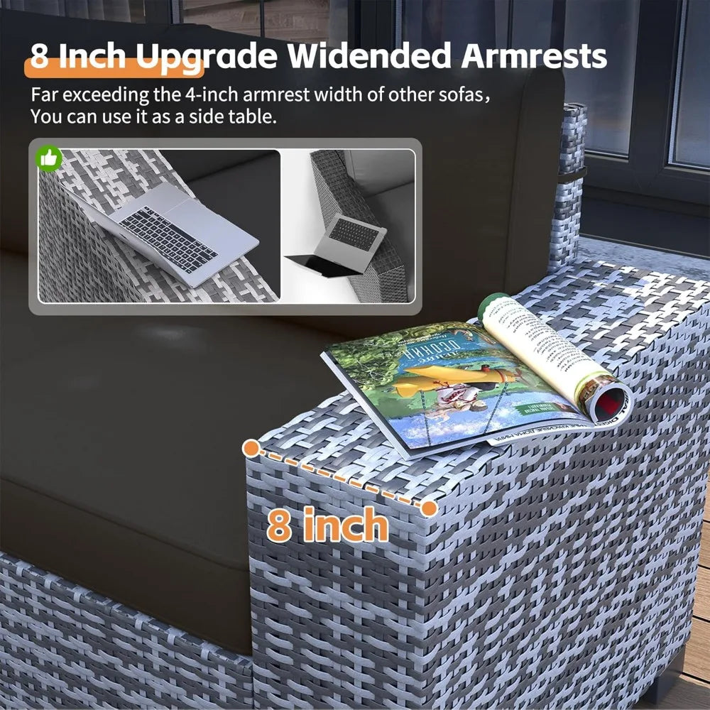 Hot-Sell! 13 Piece Patio Furniture Set with Fire Pit Table, 8''Wide Armrest Modular Rattan Outdoor Sectional Sofa Set,Grey/Black